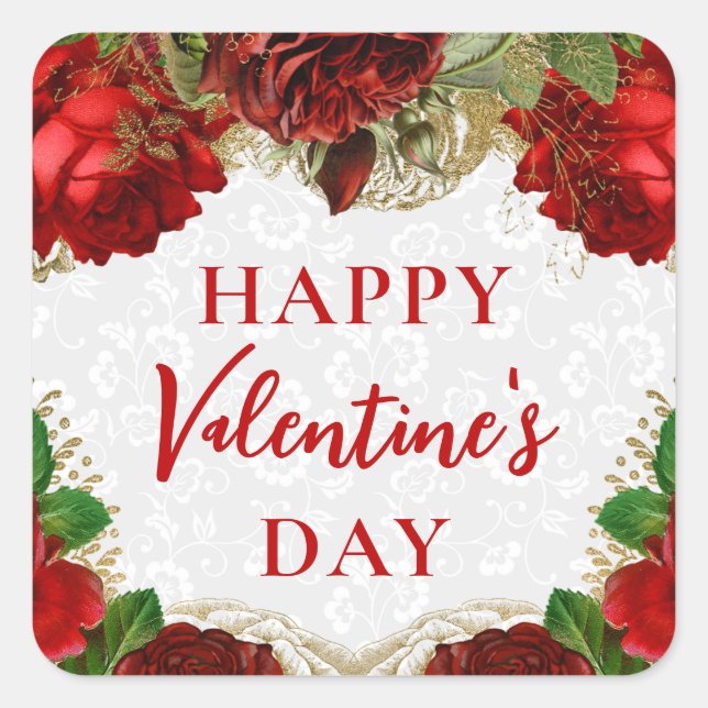 Romantic Red Roses Happy Valentine's Day Square Sticker (Front)