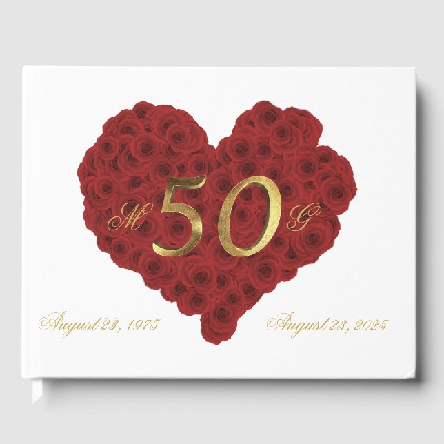Romantic Red Roses Heart 50th Wedding Anniversary Guest Book (Front)