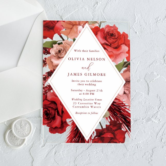 Romantic Red Roses Modern Wedding  Acrylic Invitations (Creator Uploaded)