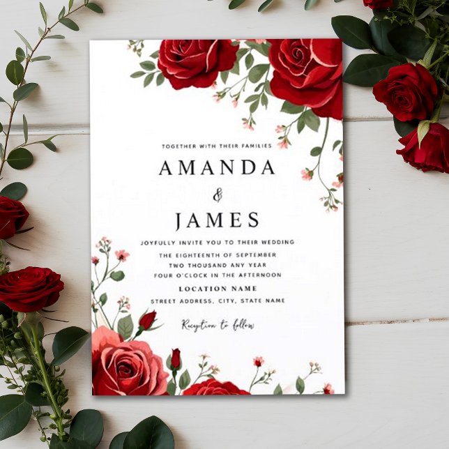 Romantic Red Roses Monogram Floral Wedding Invitation (Creator Uploaded)