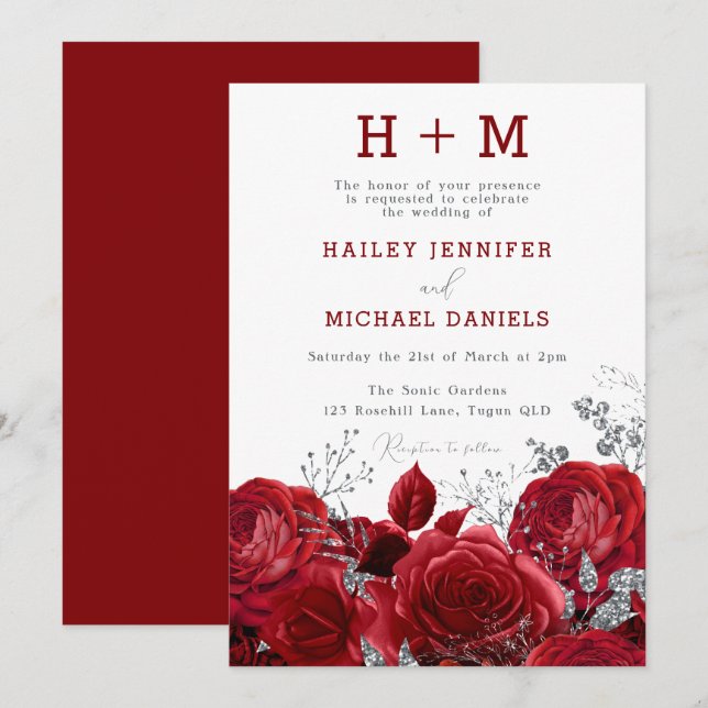 Romantic Red Roses Monogram Wedding Invitation (Front/Back)