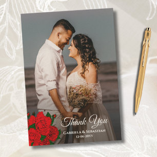 Romantic Red Roses Newlyweds Photo Wedding Thank You Card