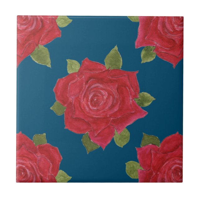 Romantic Red Roses on Blue Custom Ceramic Tile (Front)