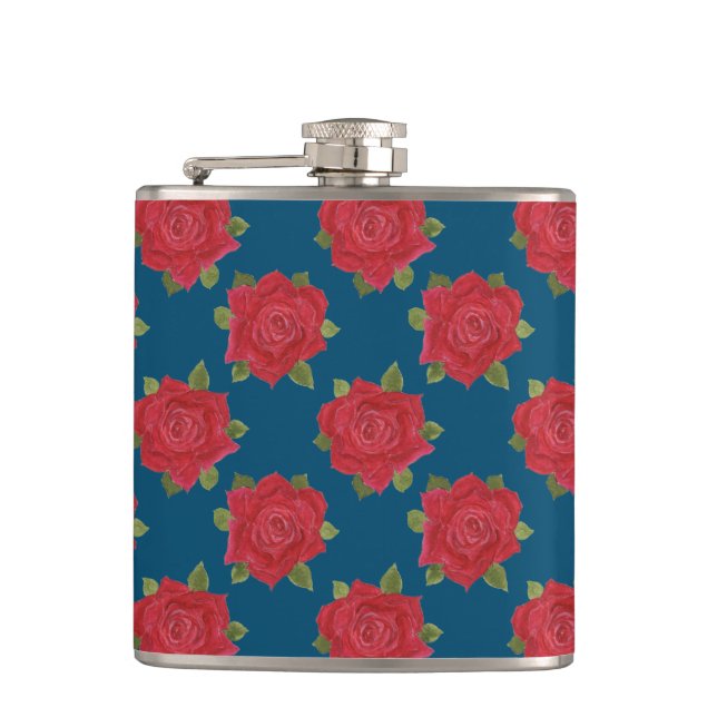 Romantic Red Roses on Blue Custom Hip Flask (Front)
