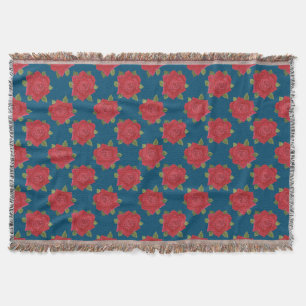 Romantic Red Roses on Blue Custom Throw Blanket