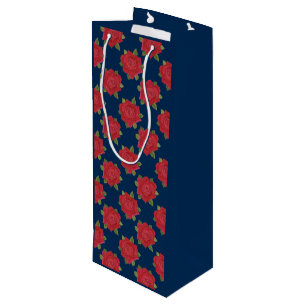 Romantic Red Roses on Blue Custom Wine Gift Bag