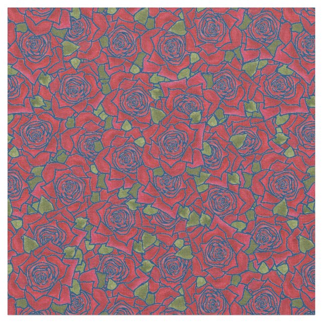 Romantic Red Roses on Blue Pattern Fabric (Close Up)