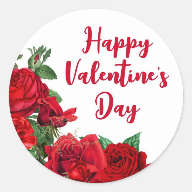 Romantic Red Roses on White Valentine's Day Classic Round Sticker (Front)