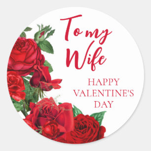 Romantic Red Roses on White Wife Valentine's Day Classic Round Sticker