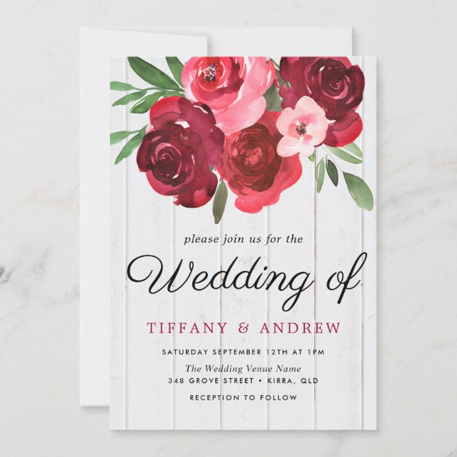 Romantic Red Roses Rustic Wedding Invite (Front)