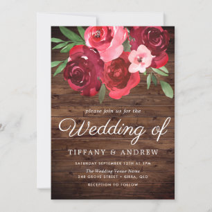 Romantic Red Roses Rustic Wedding Invite