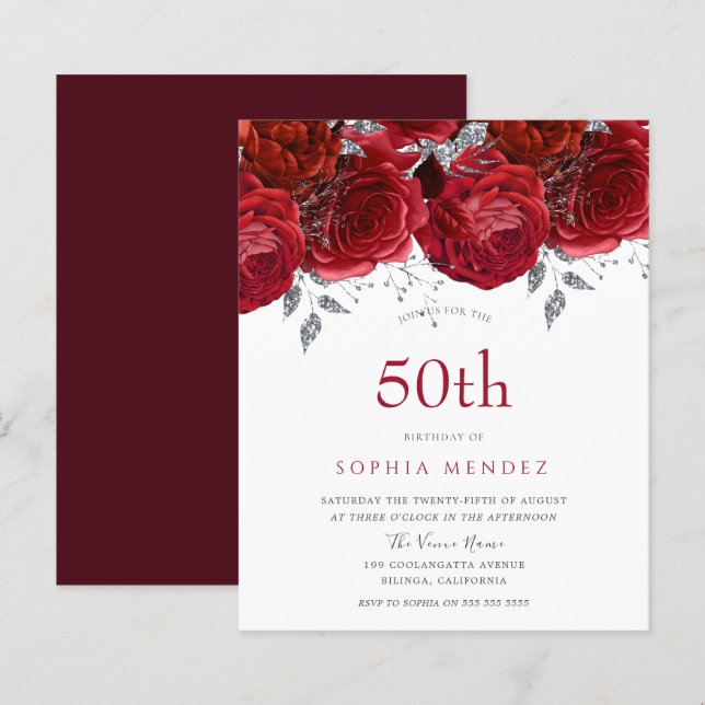 Romantic Red Roses Silver 50th Birthday Invitation (Front/Back)