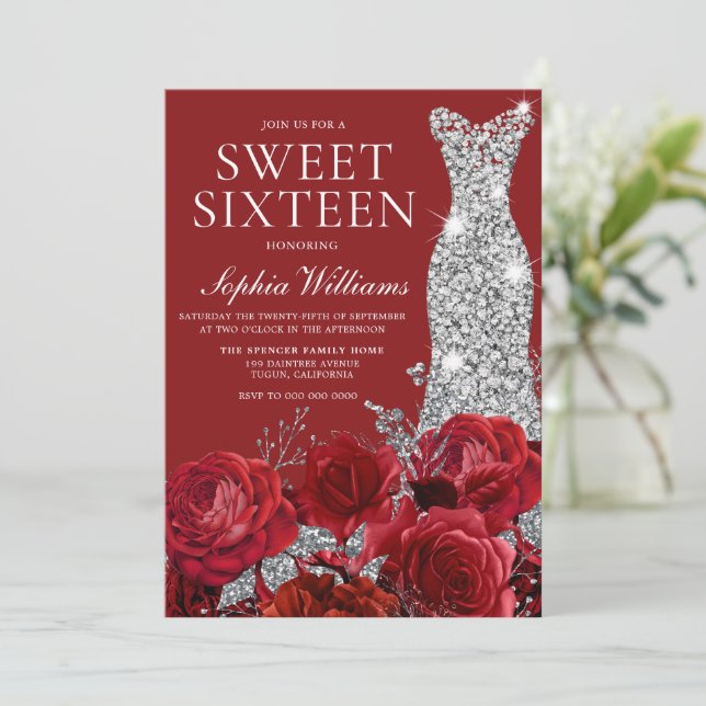 Romantic Red Roses Silver Diamond Gown Sweet 16  Invitation (Standing Front)