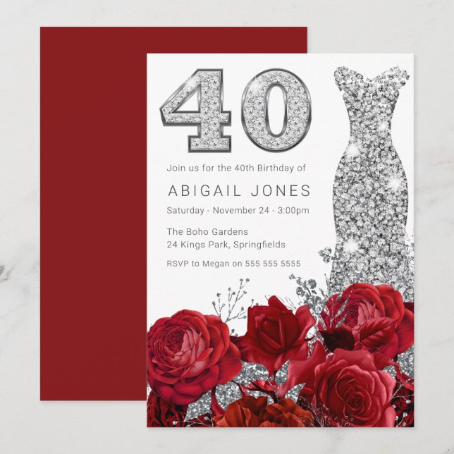 Romantic Red Roses Silver Dress 40th Birthday Invitation (Front/Back)