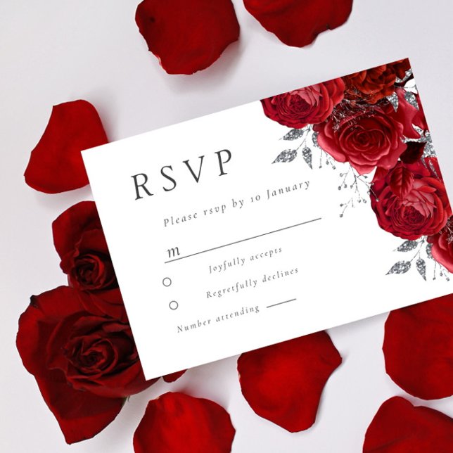 Romantic Red Roses Silver Leaf Wedding  RSVP Card (Creator Uploaded)