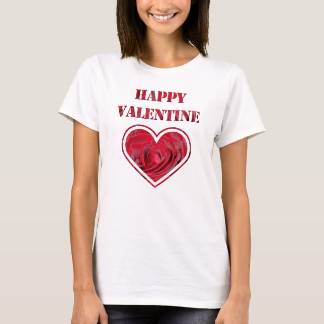 Romantic Red Roses Typography Happy Valentine T-Shirt (Front)