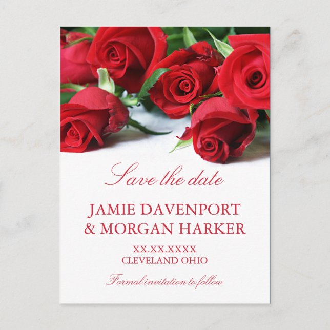 Romantic Red Roses Wedding Save the Date Announcement Postcard (Front)