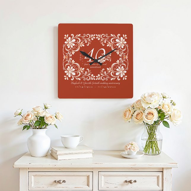 Romantic Red Rust Decade 40 Anniversary Floral Square Wall Clock (Creator Uploaded)