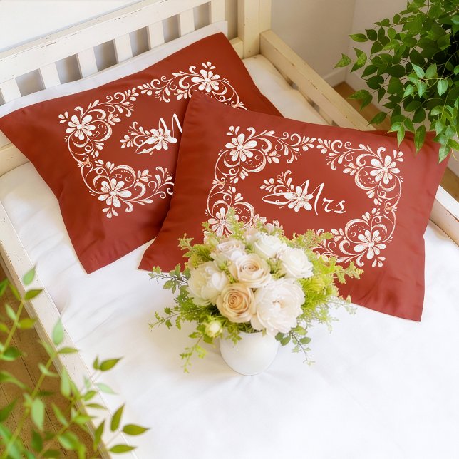 Romantic Red Rust Shabby Chic Mr & Mrs Couple  Pillowcase (Creator Uploaded)