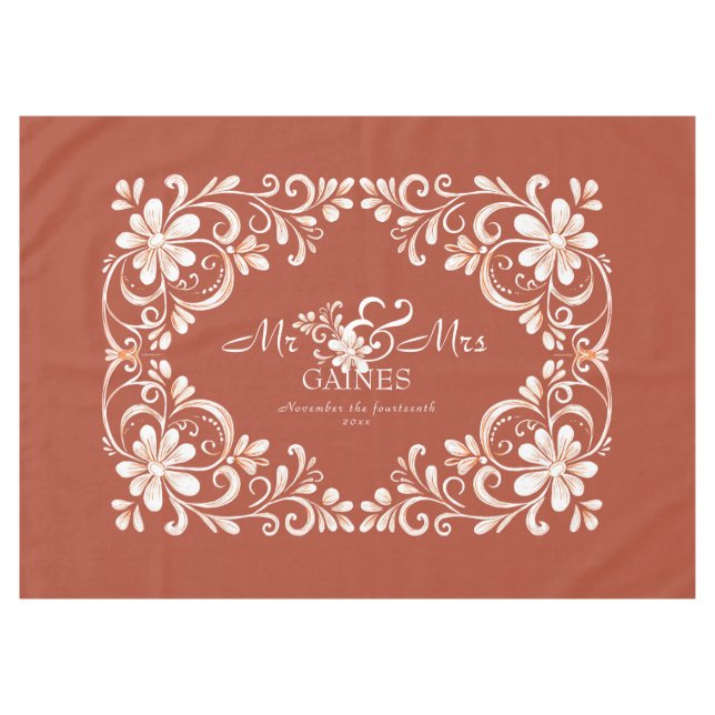 Romantic Red Rust Shabby Chic Mr Mrs Wedding Tablecloth (Front (Horizontal))