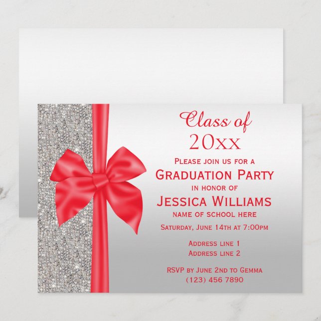 Romantic Red Silk Bow, Silver Sequins Graduation Invitation (Front/Back)