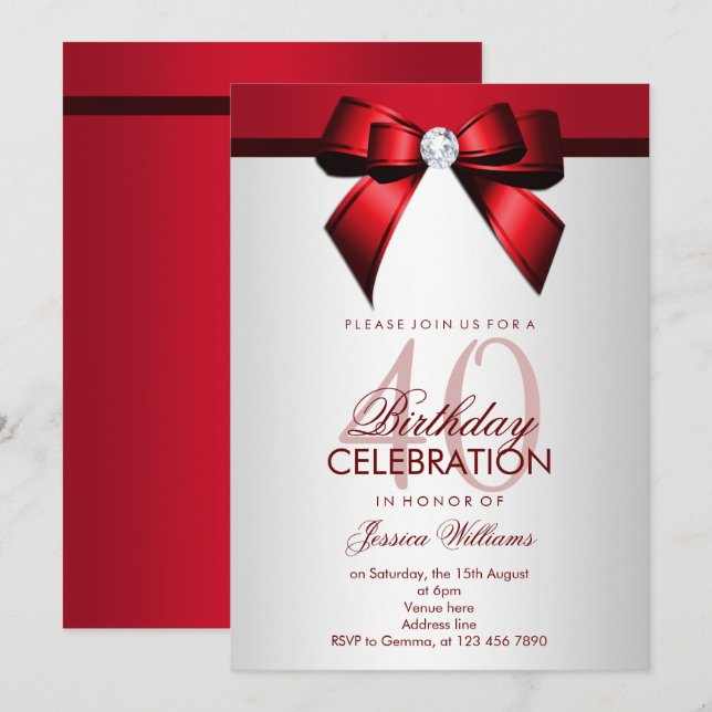 Romantic Red & Silver 40th Birthday Party Invitation (Front/Back)