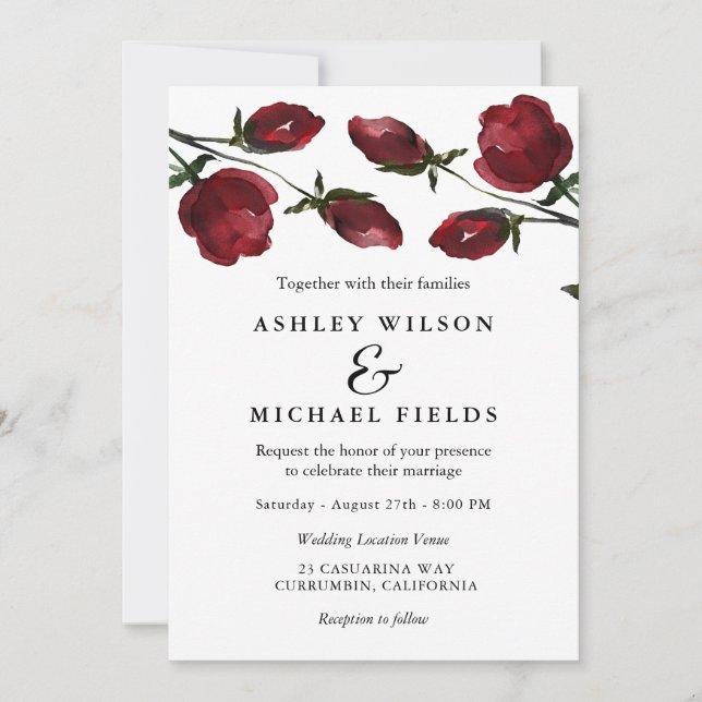 Romantic Red Watercolor Flowers White Wedding Invitation (Front)