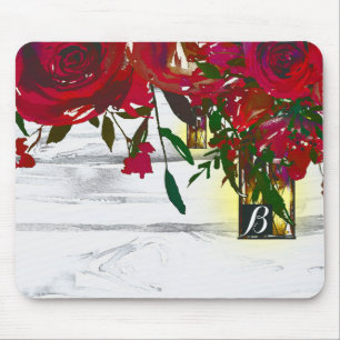 Romantic Red Watercolor Roses & Lantern Rustic Mouse Mat