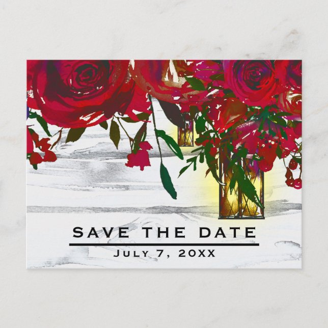 Romantic Red Watercolor Roses & Lantern Save Date Announcement Postcard (Front)