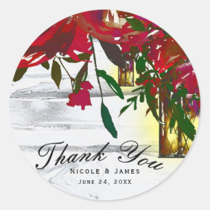 Romantic Red Watercolor Roses & Lantern Wedding Classic Round Sticker