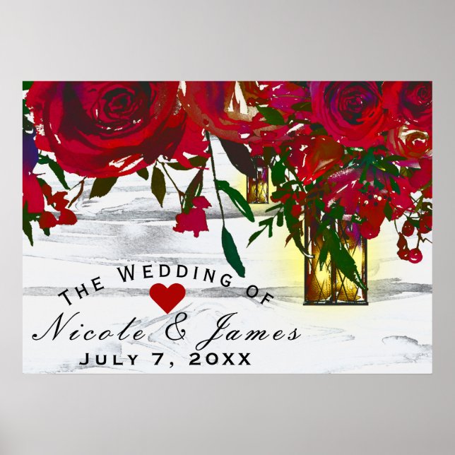 Romantic Red Watercolor Roses & Lantern Wedding Poster (Front)