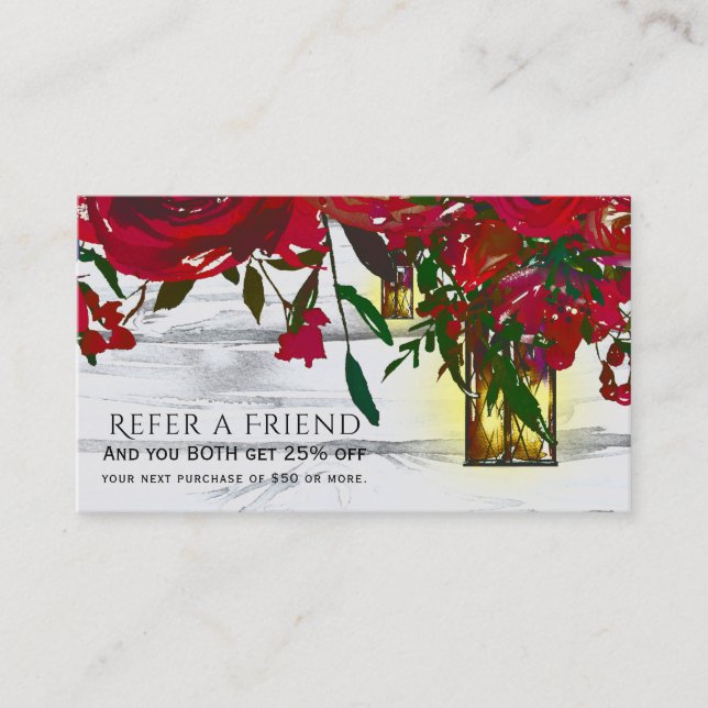 Romantic Red Watercolor Roses Refer a Friend Referral Card (Front)