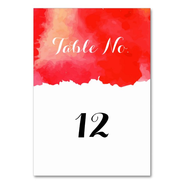 Romantic Red Watercolor Wedding Table Number Card (Front)