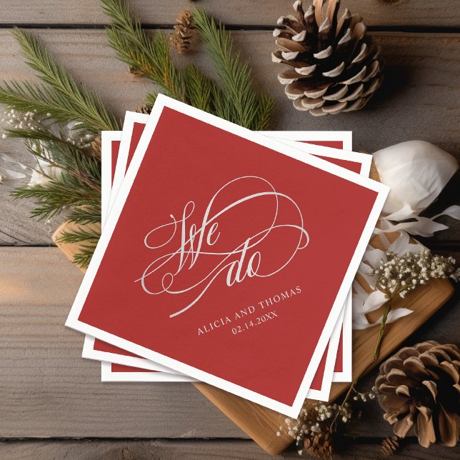 Romantic Red We Do Calligraphy Wedding Napkin (A lovely choice for holiday weddings.)