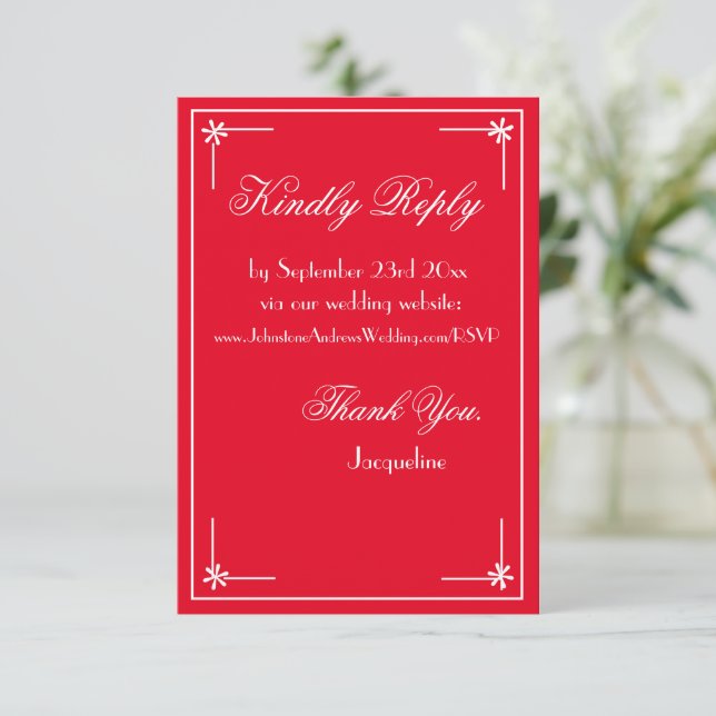 Romantic Red Wedding Chic White Script RSVP Enclosure Card (Standing Front)