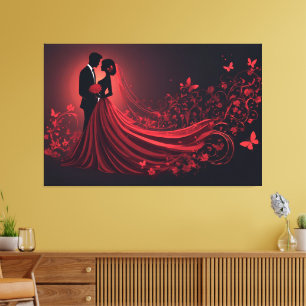 Romantic Red Wedding Silhouette of Bride and Groom Canvas Print