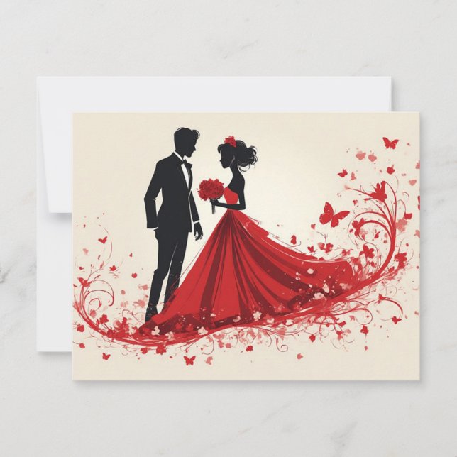 Romantic Red Wedding Silhouette of Bride and Groom Card (Front)
