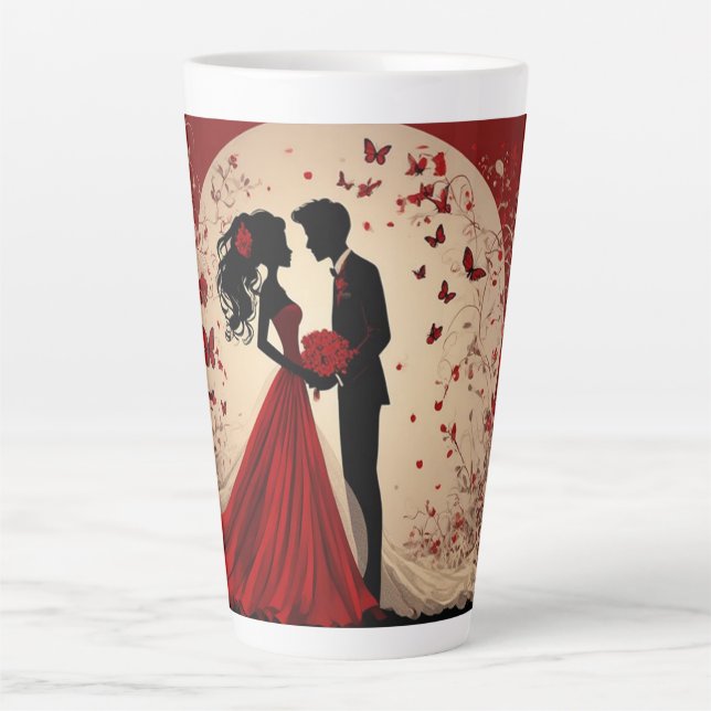 Romantic Red Wedding Silhouette of Bride and Groom Latte Mug (Front)