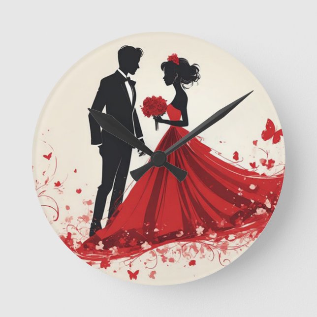 Romantic Red Wedding Silhouette of Bride and Groom Round Clock (Front)