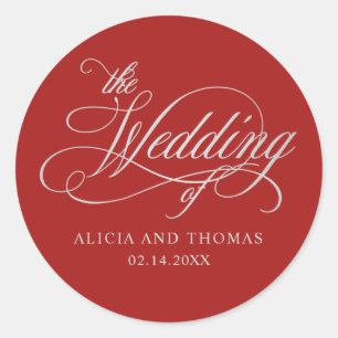 Romantic Red Wedding with Calligraphy Classic Round Sticker