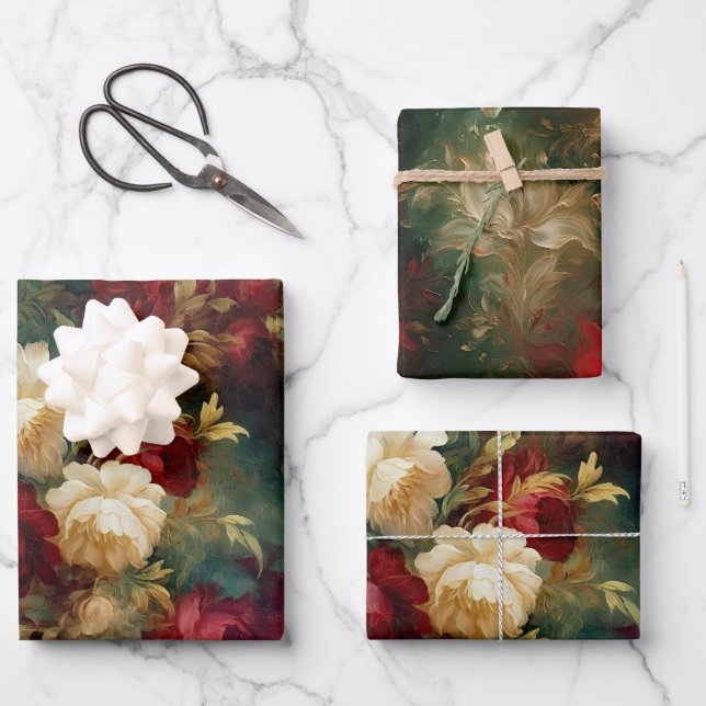 Romantic Red White Flowers Bridal Shower Wedding Wrapping Paper Sheet (Front)