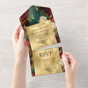Romantic Red White Green Flowers All In One Invitation