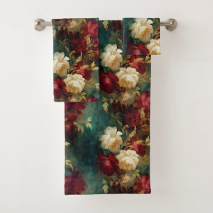 Romantic Red White Green Flowers Bath Towel Set