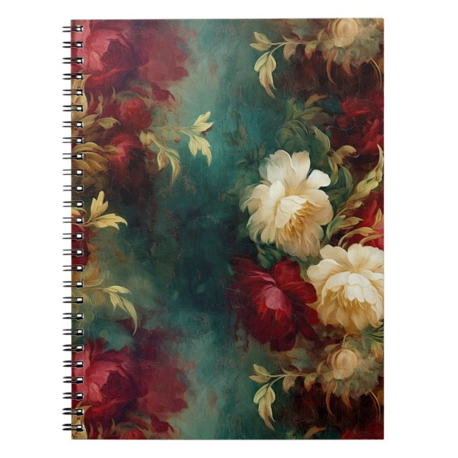 Romantic Red White Green Flowers Notebook (Front)