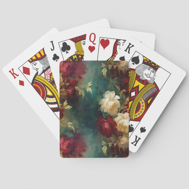 Romantic Red White Green Flowers Playing Cards (Back)