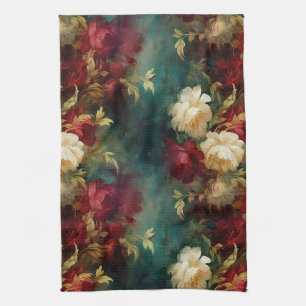 Romantic Red White Green Flowers Tea Towel