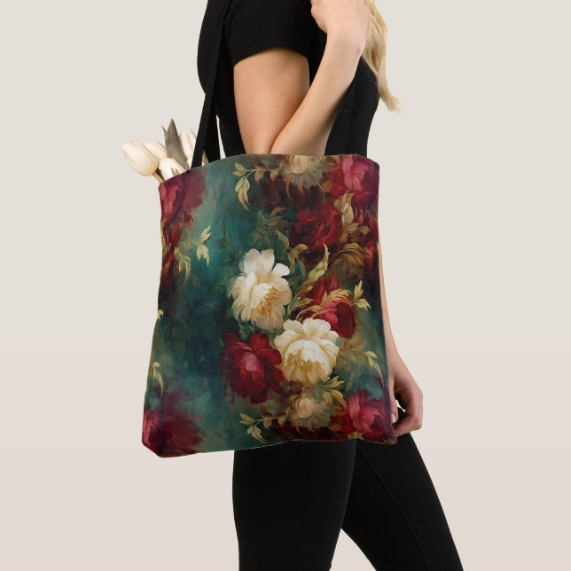 Romantic Red White Green Flowers Tote Bag (Close Up)