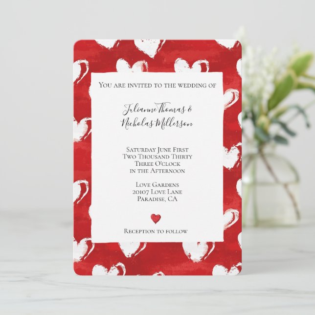 Romantic Red White Hearts Wedding Invitation (Standing Front)