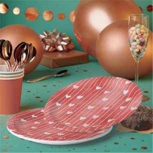 Romantic Red White Stripes Hearts Love Paper Plate