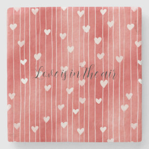 Romantic Red White Stripes Hearts Love Stone Coaster